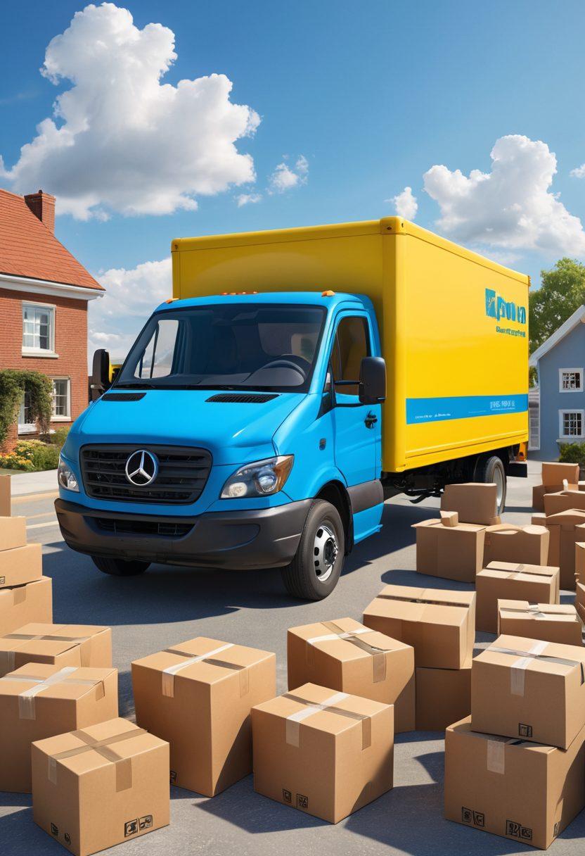 An open moving truck filled with packed boxes and household items, set against a bright blue sky. In the foreground, a family is joyfully loading their belongings with a cheerful expression, while a shield symbolizing protection appears in the background. The scene conveys peace of mind and reliability, showcasing the importance of moving insurance. vibrant colors. 3D.