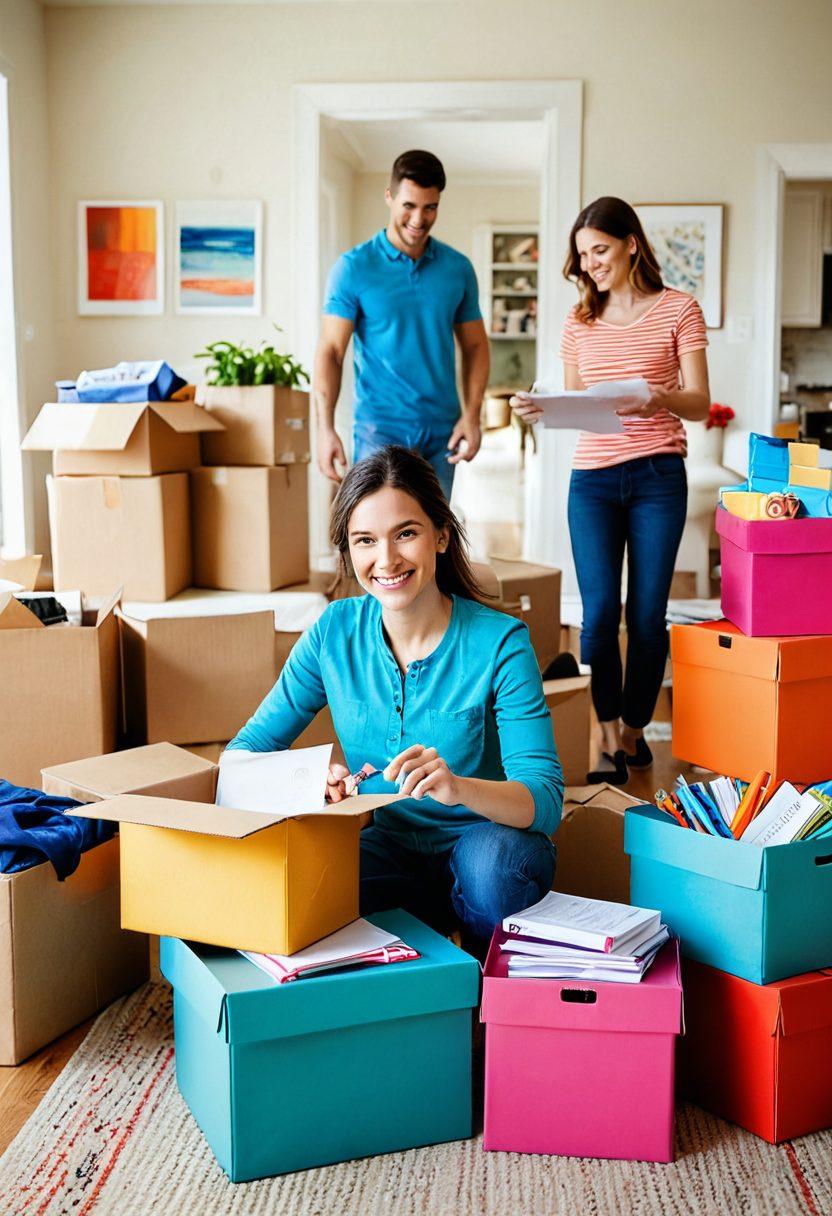 A cozy living room scene with a family joyfully packing boxes, surrounded by colorful moving supplies. Visualize a professional mover offering helpful advice, holding a checklist labeled 'Insider Tips'. Add a warm, inviting atmosphere with motivational quotes on the wall. Bright colors, 3D elements, and a touch of movement to reflect excitement about moving.